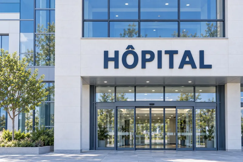 Illustration d’une façade hospitalière portant l’enseigne HÔPITAL